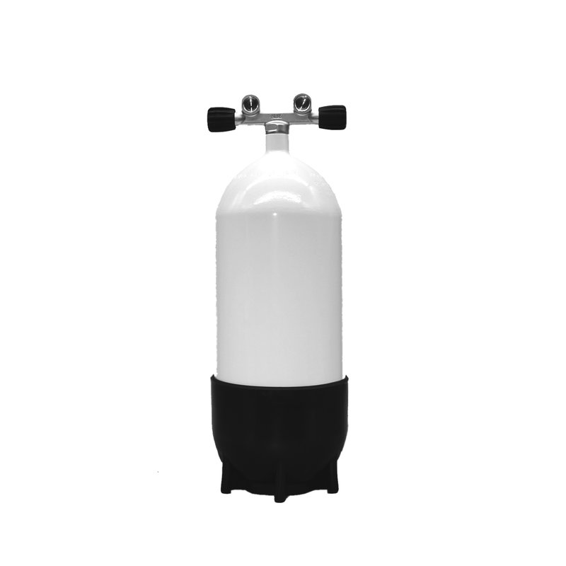 POLARIS - Tauchflasche 12l - Tauchgerät kurz - 232 Bar - mit montiertem Doppelventil, Standfuß und frischem Inbetriebnahmeprotokoll "TÜV"